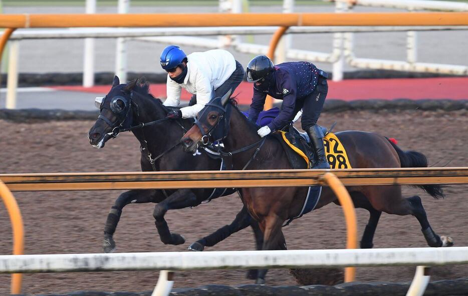 クロワデュノール（奥）は併せ馬でホープフルSの追い切りを行った（撮影・岩川晋也）