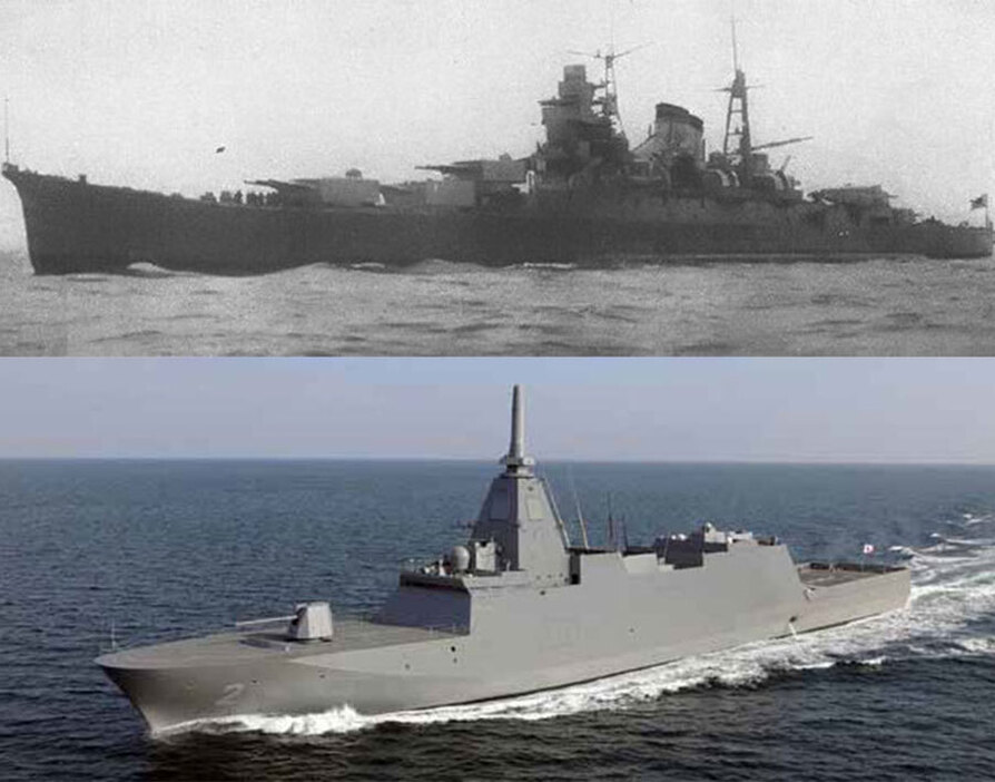 もがみ型護衛艦「くまの」と、最上型巡洋艦の「熊野」を比較した画像。やはり21世紀のもがみ型は甲板上がスッキリしている（画像：海上自衛隊公式とパブリックドメイン写真を編集部で加工）。