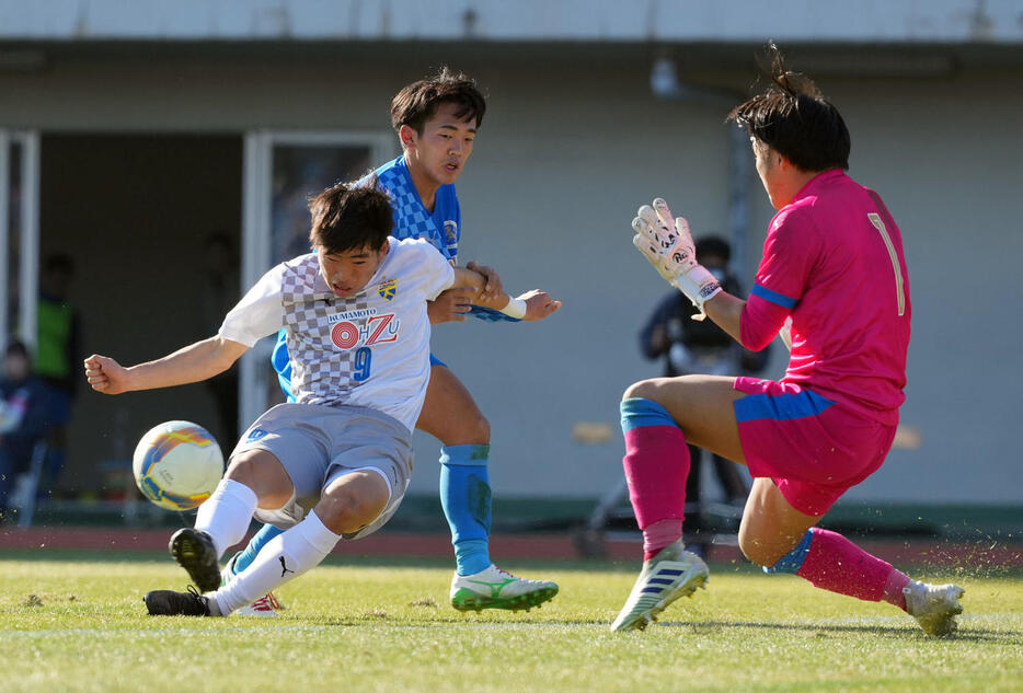 大津対福井商業　後半、ゴールを決める大津・山下（左）（撮影・たえ見朱実）