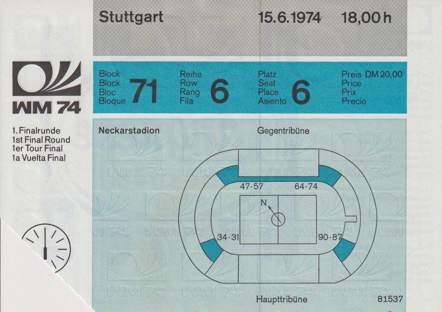 1974年大会のチケット。アルゼンチンの初戦はポーランド戦(2対3で敗戦)だった。　提供／後藤健生