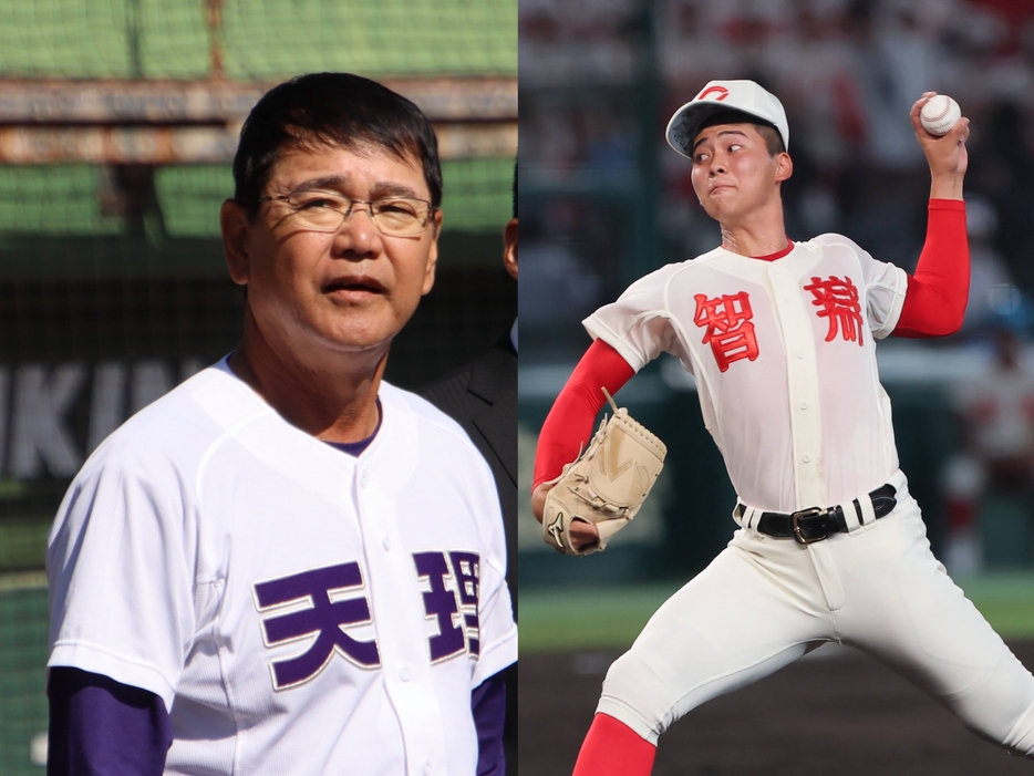 天理の藤原監督（左）と智弁学園の田近 楓雅投手