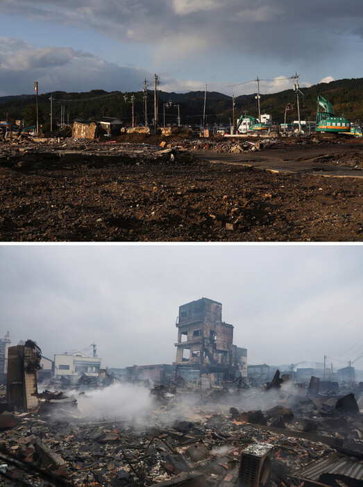 地震で大規模火災が起きた石川県輪島市の「朝市通り」付近。被災建物の解体が進みほぼ更地となっていた（写真上、１２月５日撮影）。写真下は煙が上がる被災当時の朝市付近（１月３日撮影）