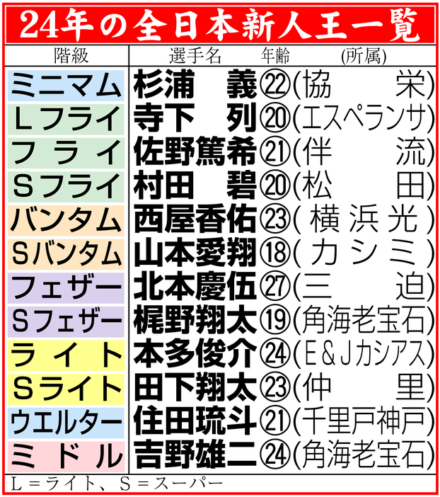 【イラスト】24年の全日本新人王一覧