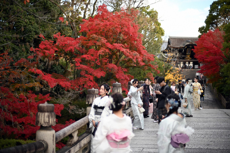 見ごろを迎えた紅葉を楽しむ外国人観光客ら＝京都市東山区の大谷本廟前で2024年12月1日午後、佐藤賢二郎撮影