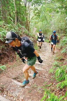 自然の中を駆け抜ける国頭トレイルラン。足場に注意して息を切らしながらゴールを目指します＝１４日、国頭村（喜屋武綾菜撮影）