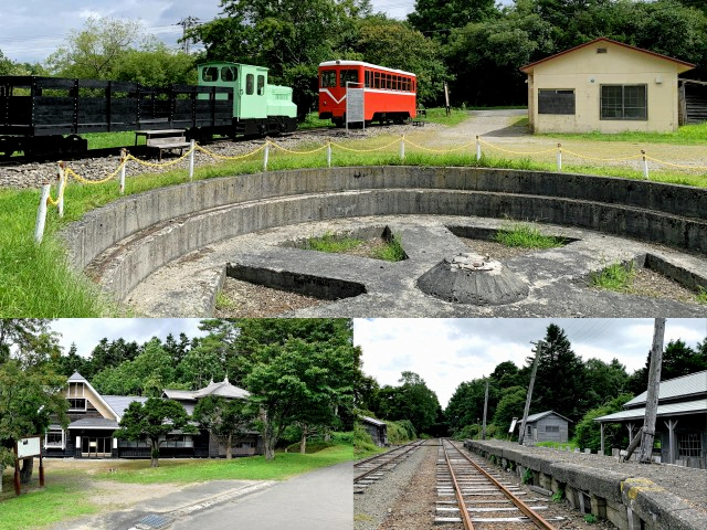 選奨土木遺産に認定された「旧別海村営軌道風蓮線奥行臼停留所」（上）、駅逓所（下段左）、旧国鉄駅（下段右）＝町郷土資料館提供＝