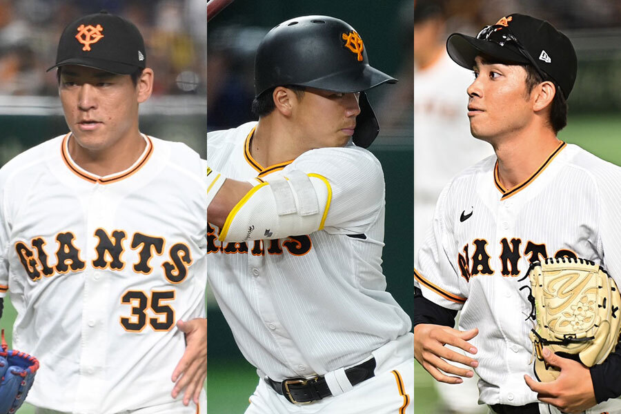 巨人在籍時の桜井俊貴、菊田拡和、高橋優貴（左から）【写真：中戸川知世、矢口亨】