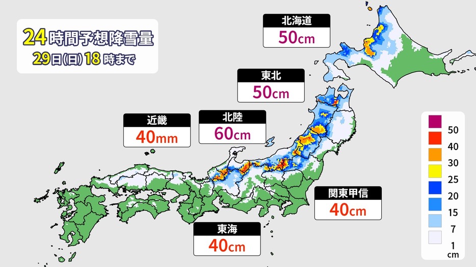 24時間予想降雪量(29日(日)午後6時まで)