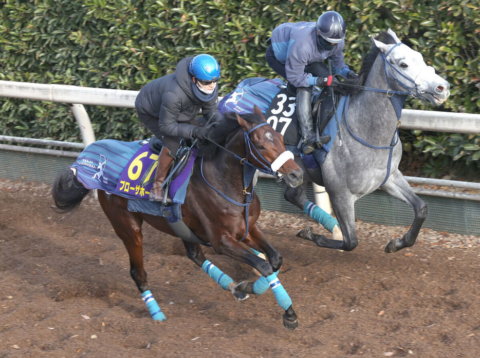 坂路で追い切るブローザホーン（手前）