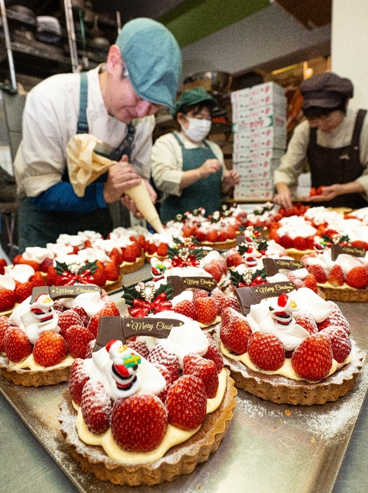 大詰めを迎えたクリスマスケーキ作り＝23日、八戸市