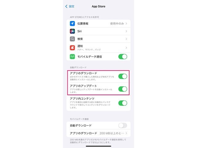 「アプリのダウンロード」と「アプリのアップデート」をオンにします