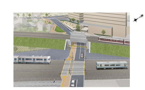 【新しく整備された大谷踏切とその周辺の完成図】