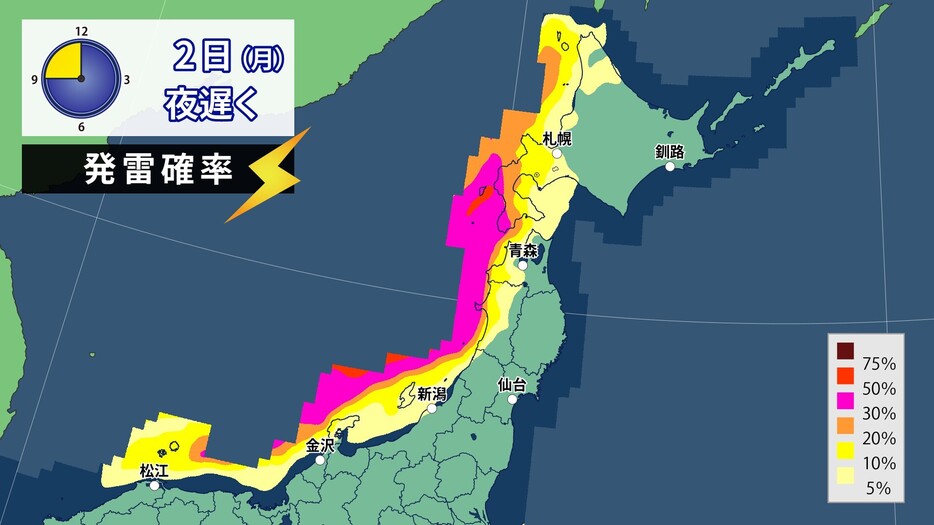 2日(月)夜遅くの発雷確率