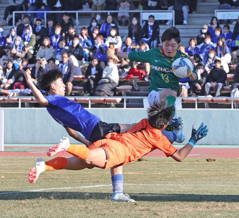 ＜高校サッカー　静岡学園・広島国際学院＞前半、ゴール前に攻め込む静岡学園・篠塚（右上）（撮影・西海健太郎）