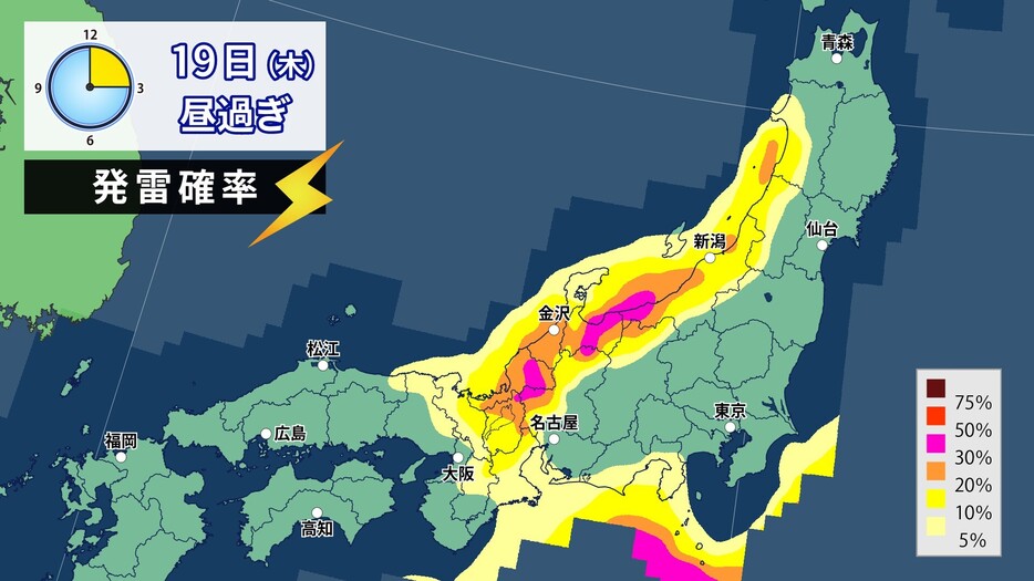 19日(木)昼過ぎの発雷確率