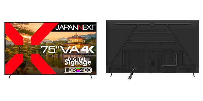 JAPANNEXT、75インチのVAパネルを搭載した4K対応液晶ディスプレイを発売。映画鑑賞やサイネージ用途に