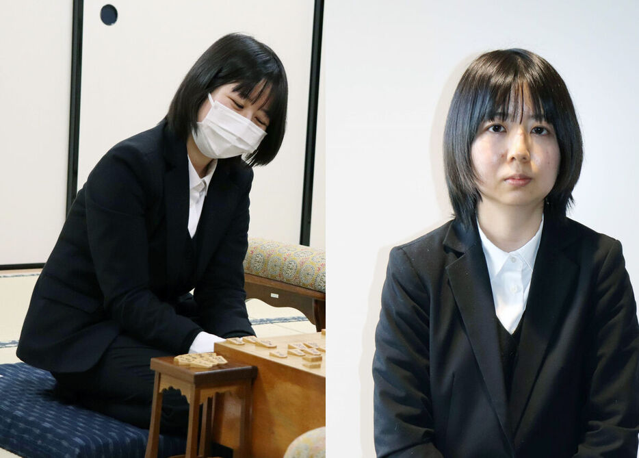 大阪府高槻市の関西将棋会館での第５２期女流名人戦予選で、川又咲紀女流初段に勝ち、感想戦でマスク越しに笑みを浮かべる中七海女流三段（左）。右は終局後に取材に応じた中