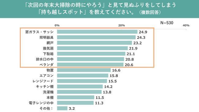 大掃除で見て見ぬふりをする「持ち越しスポット」、「窓ガラス・サッシ」や「照明器具」が上位に