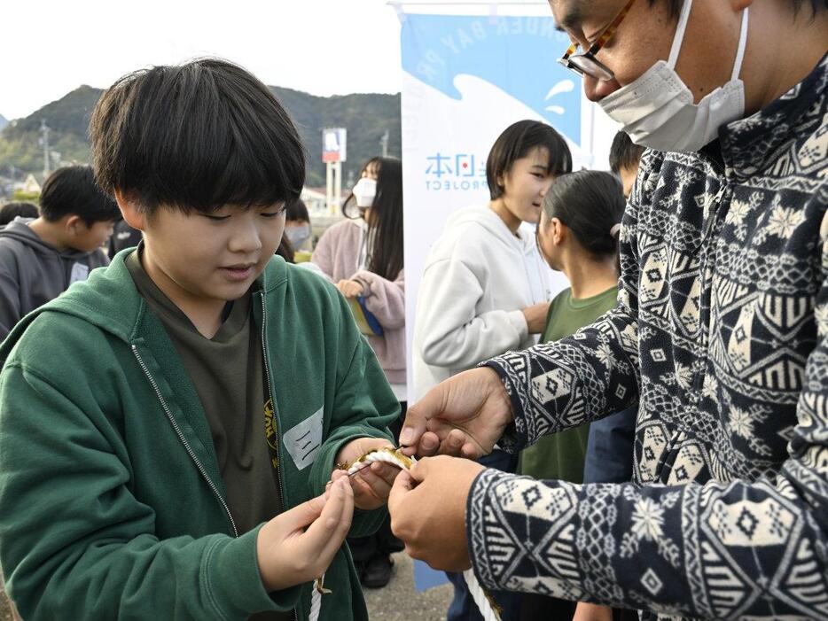 海藻をロープに固定する子どもたち