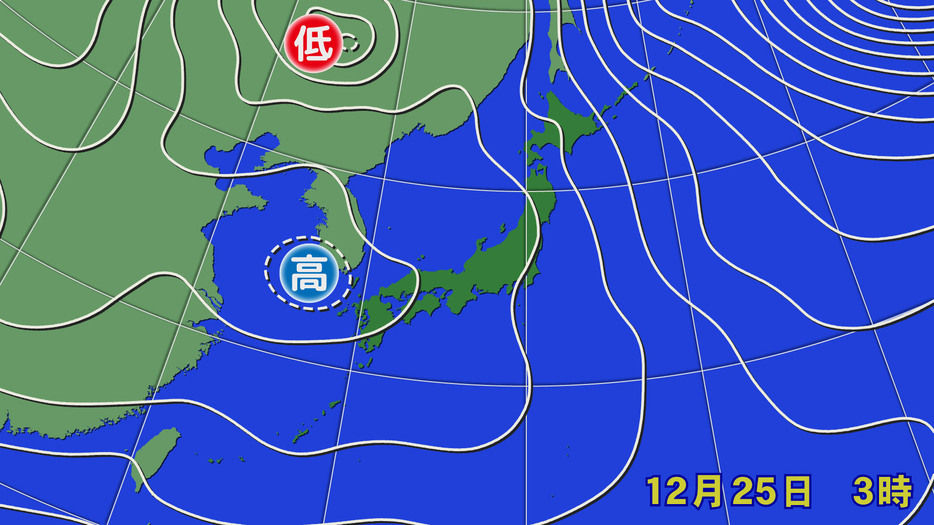 25日(水)午前3時の実況天気図