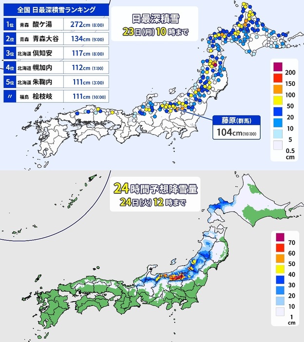 最深積雪(午前10時現在)と24時間予想降雪量(24日(火)正午まで)