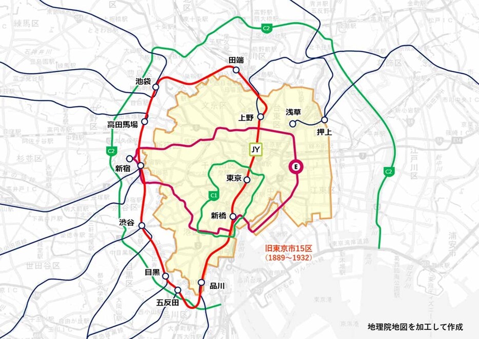 旧東京市15区の範囲と現在の東京の鉄道・高速道路の環状線（筆者作成）。