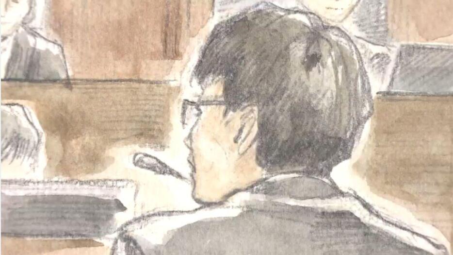 民事裁判での松井被告（法廷イラスト）