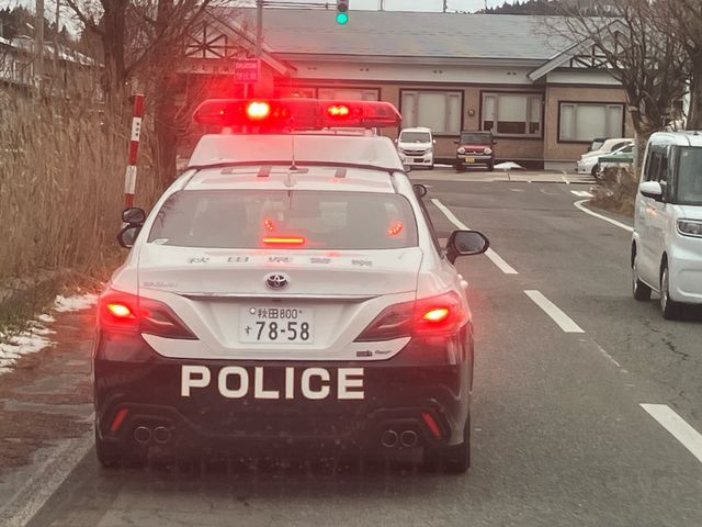 秋田市新屋の現場でクマの警戒に当たる警察車両