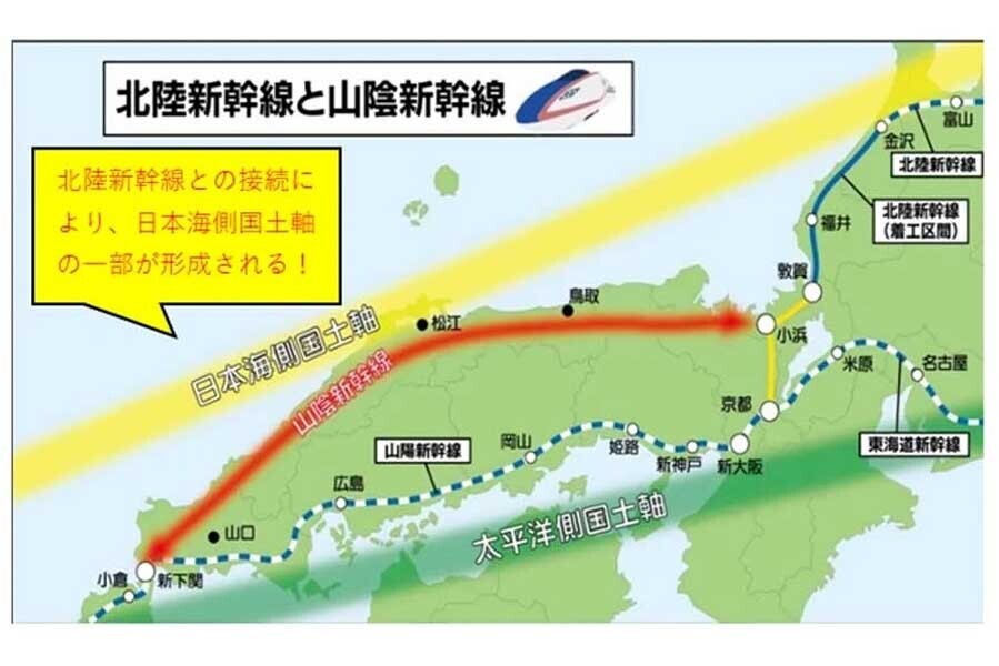 赤色部分が山陰新幹線のルート（画像：鳥取市）