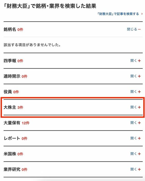 財務大臣で検索をすると、「大株主」「大量保有報告書速報」にヒットします