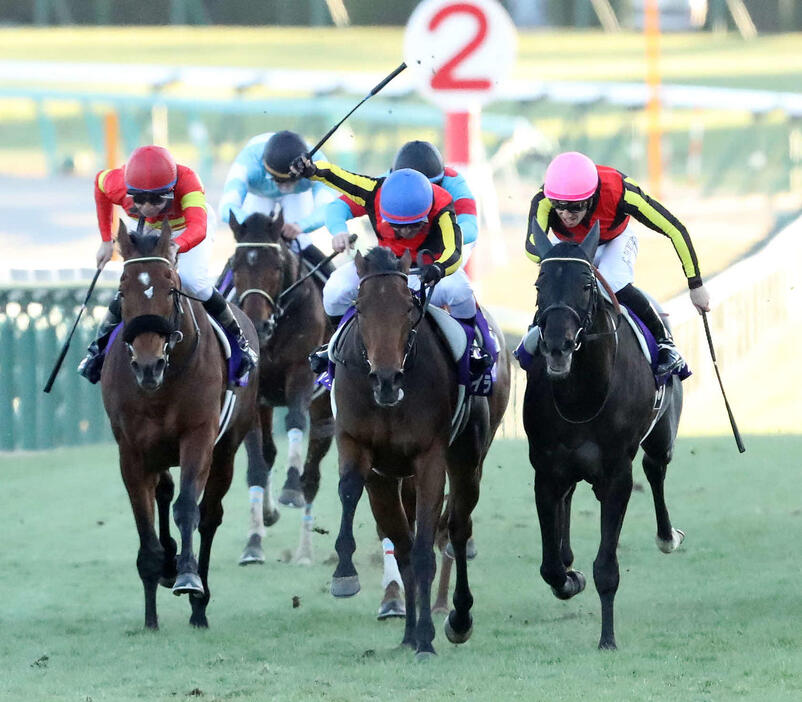 シャフリヤール（右）との叩き合いを制して有馬記念で優勝したレガレイラと戸崎騎手（中央）