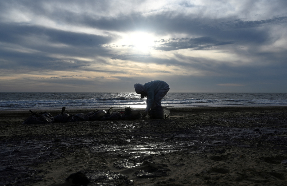 ロシア南部クラスノダール地方の当局は１２月２５日、１０日前に発生した黒海での石油流出事故に関し、依然として沿岸に石油が漂着しているとして、地域全体に緊急事態宣言を発令した。写真は清掃を行うボランティア。２１日、同地方の沿岸部で撮影（２０２４年　ロイター/Sergey Pivovarov）