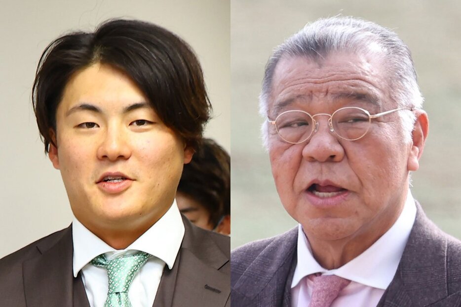 阪神・前川右京(左)と掛布雅之OB会長