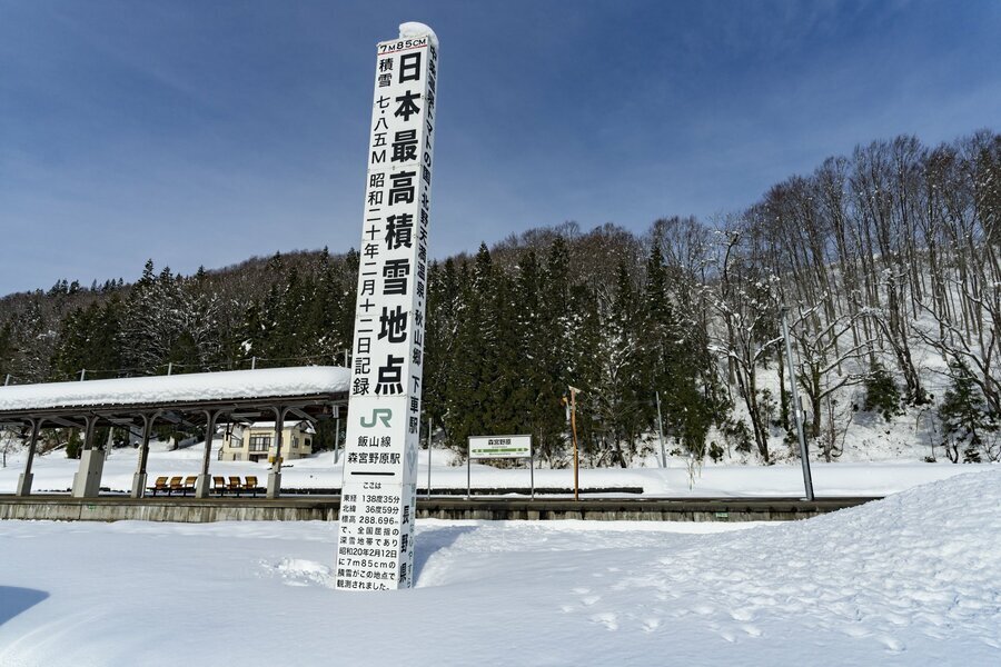 “日本最高積雪地”の標柱。7.85mって、とんでもなく高いですね