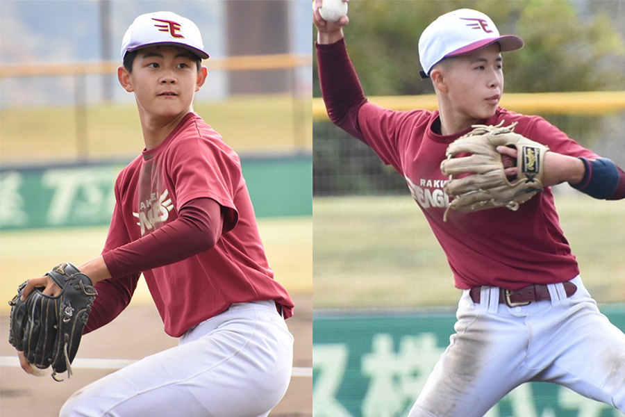 楽天ジュニアの安田優芯（左）と高橋樹【写真：川浪康太郎】