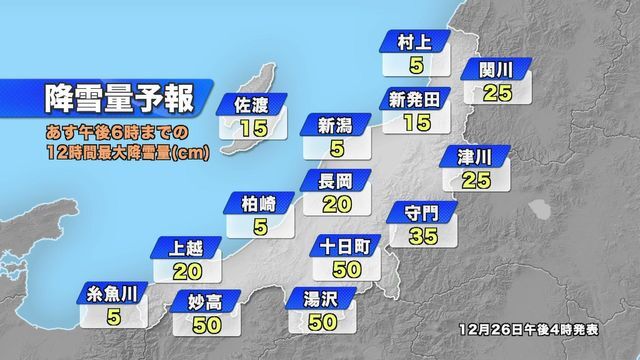 ２７日午後６時までの１２時間降雪量予想