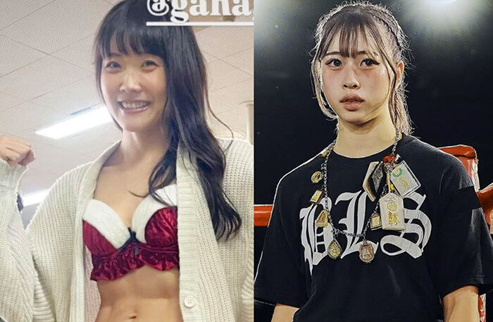 サンタ風ビキニの二ノ峰かなこ（左）と本日プロデビュー戦の小山美咲（本人のインスタより）