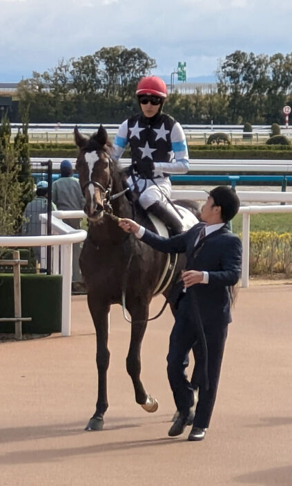 デビュー戦を勝って引き揚げてくるメディテラニアンと坂井瑠星騎手（カメラ山本　武志）