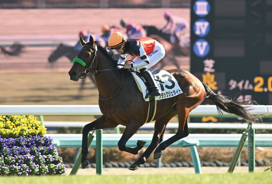 直線で鋭く伸びて快勝したブラックジェダイト＝28日、中山競馬場（撮影・奈良武）