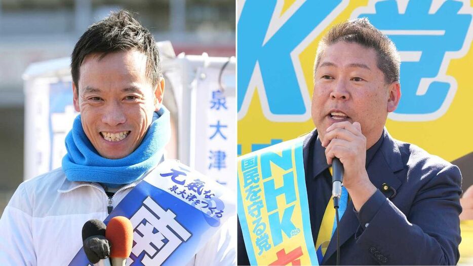 大阪府泉大津市長選に立候補した現職の南出賢一氏（左）と立花孝志氏