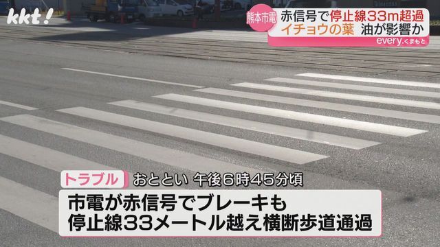 熊本市電が停止線を越え通過した横断歩道(熊本市中央区)