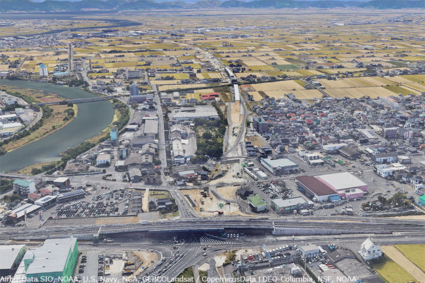 建設中の岡山環状南道路。手前は大樋橋西交差点（画像：Google earth）。