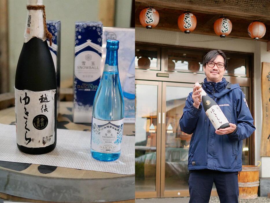 左/代表作である「雪中貯蔵大吟醸原酒 越後ゆきくら」6000円（720ml）ほか。右/1673年創業の老舗蔵元。就任以来、次々と革新的な酒造りを行ってきた風間勇人社長