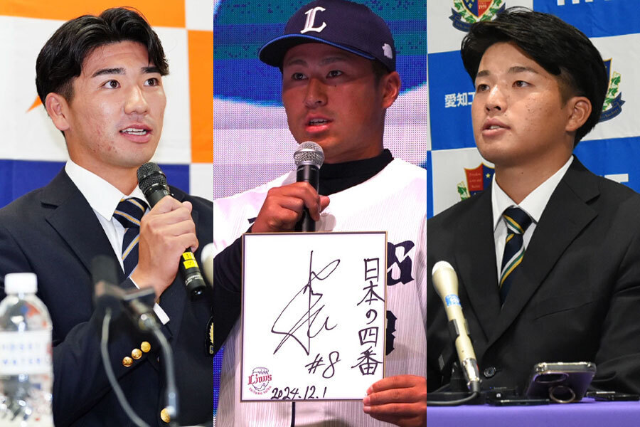 法政大・篠木健太郎、大商大・渡部聖弥、愛工大・中村優斗（左から）【写真：小林靖、宮脇広久、真田一平】