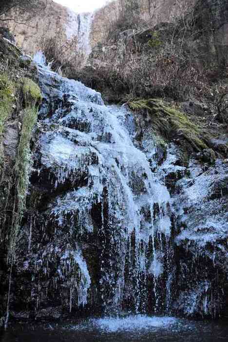 岩肌を伝う水が凍った古閑の滝＝23日、阿蘇市