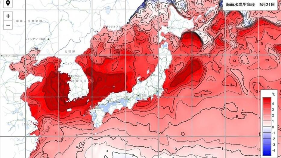 日本周辺の海面水温の平年からの差。赤色が濃いほど平年より高温になっている（2024年9月21日、気象庁Webサイトから引用）