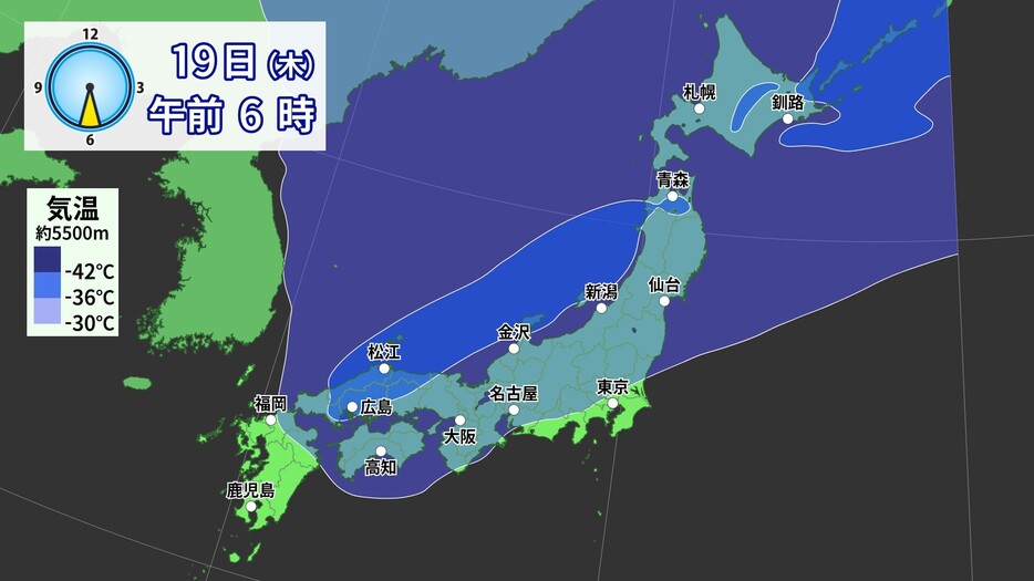 19日(木)午前6時の上空の寒気の予想