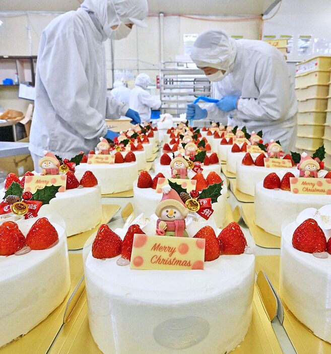 次々と仕上げられるクリスマスケーキ＝22日、弘前市の「ラグノオささき」第二工場