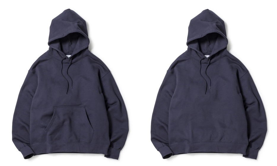 写真向かって左：Heavy Hooded Sweatshirt　13,200円（税込） 写真向かって右：Heavy Hooded Sweatshirt - Seam Pocket　14,300円（税込）