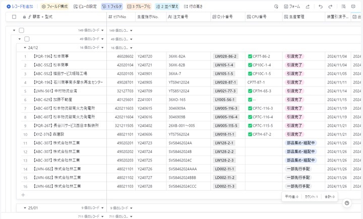 ダミーデータを使用した生産管理画面